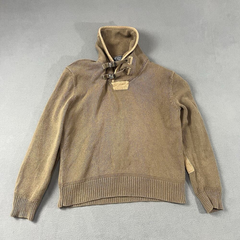 VTG Polo Ralph Lauren Sweater Mens XL Beige Snap Shawl Collar Military Pullover